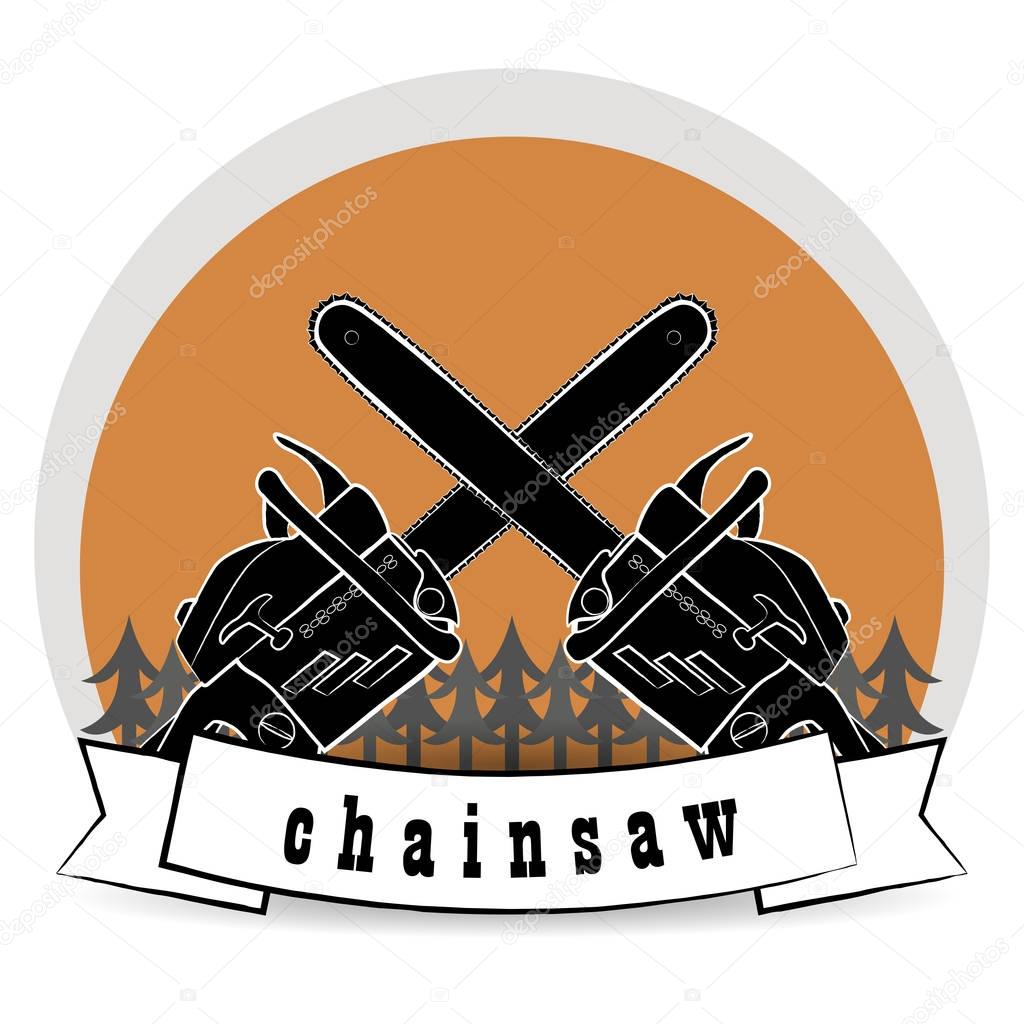 Illustration with two chainsaws in the background of the forest. Can be used for the logo. Vector illustration.