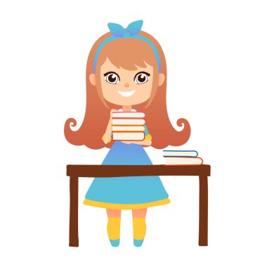 Kitap masası olan kız beyaz arka plan ışığına izole edilmiş.