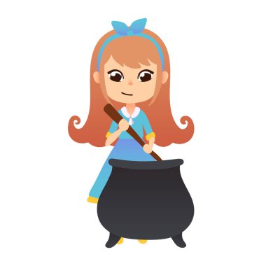 Kız tencerede hareketleniyor, beyaz arka planda izole bir şekilde.