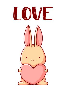 Sevimli tavşan, kalp çizgi filmi Kawaii beyaz arka planda izole edilmiş düz eli sever.