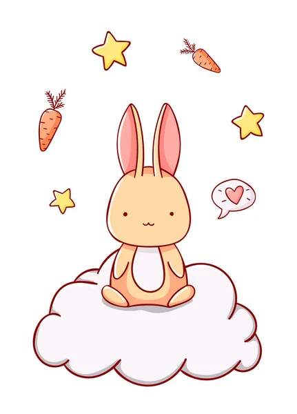 Lindo conejito en la nube con estrellas corazón y zanahoria dibujos animados kawaii mano plana dibujado aislado sobre fondo blanco — Vector de stock