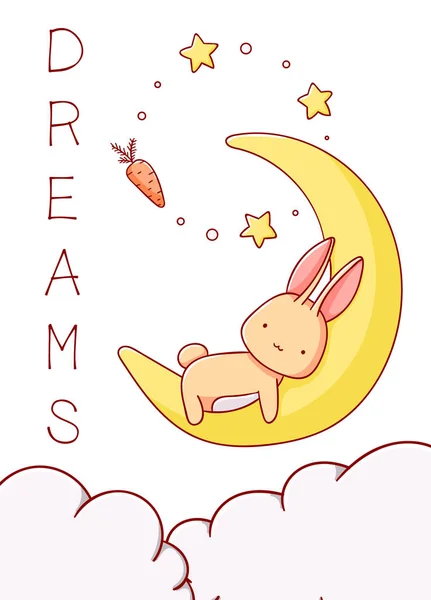 Lapin mignon dans la lune avec des étoiles carotte et nuage dessin animé kawaii rêves à plat dessiné à la main sur fond blanc — Image vectorielle