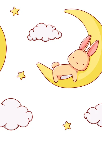 Seamless pattern cute bunny in the moon stars and cloud cartoon kawaii flat hand drawn on white background — Stock vektor