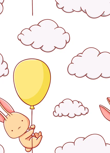 Seamless pattern cute bunny in the balloon cloud cartoon kawaii flat hand drawn on white background — Stock Vector