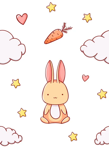 Patrón inconsútil lindo conejito nube estrellas corazón y zanahoria dibujos animados kawaii mano plana dibujada sobre fondo blanco — Vector de stock