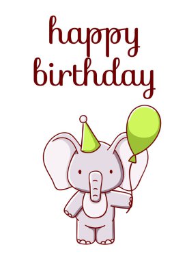 Cute elephant with balloon cartoon kawaii happy birthday flat hand drawn isolated on white background