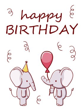Cute two elephants with balloon cartoon kawaii happy birthday flat hand drawn isolated on white background