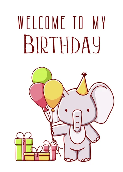 Lindo elefante con el globo y regalo de dibujos animados kawaii bienvenida a mi cumpleaños mano plana dibujado aislado sobre fondo blanco — Vector de stock