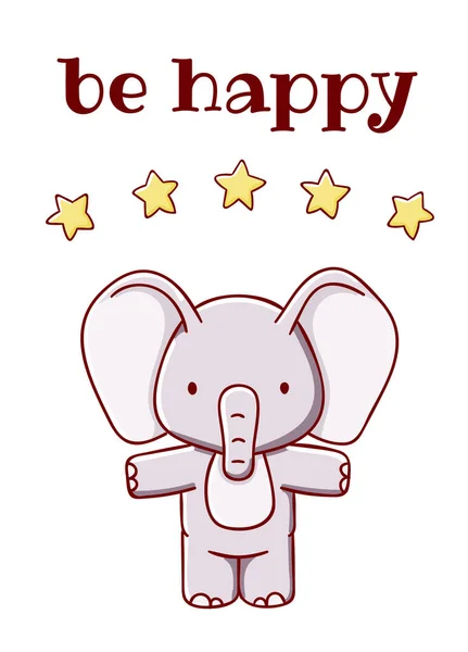 Cute elephant with five stars cartoon kawaii be happy flat hand drawn isolated on white background