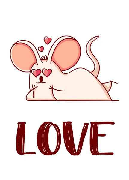 Lindo ratón de dibujos animados kawaii plana mano de amor dibujado aislado sobre fondo blanco — Vector de stock