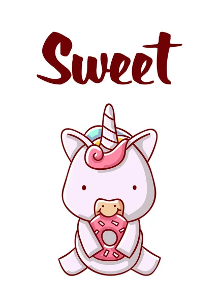 Lindo unicornio con donut dibujos animados kawaii dulce mano plana dibujado aislado sobre fondo blanco — Vector de stock