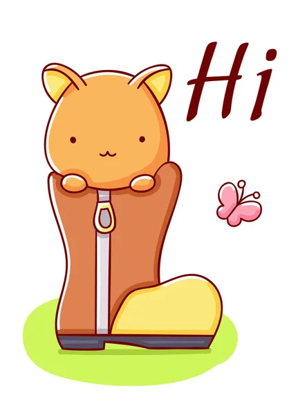 Cute Cat Shoe Cartoon Kawaii Hello Hand Drawn Isolated White — Stock vektor