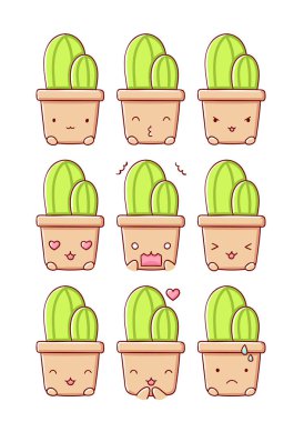 Beyaz arka planda izole edilmiş bir dizi duygu kaktüsü şirin kawaii düz el çizilmiş çizgi film.