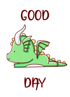 Karakter Kawaii ejderha çizgi filmi. İyi günler. Beyaz arka planda izole edilmiş bir el çizimi.