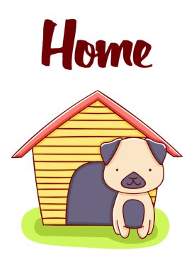 Köpek kawaii çizgi filmi şirin, illüstrasyon, ev, el çizimi beyaz arka planda izole edilmiş.