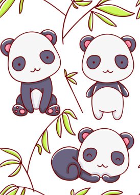 Kusursuz desenli şirin panda kawaii çizgi film el beyaz arka plan düz çizilmiş