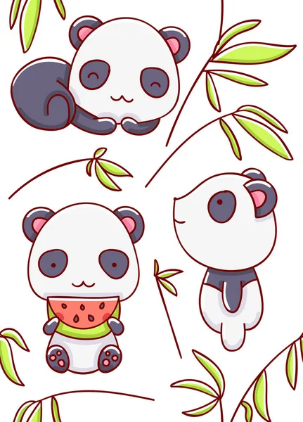 Naadloos Patroon Schattig Panda Kawaii Cartoon Hand Getrokken Witte Achtergrond — Stockvector
