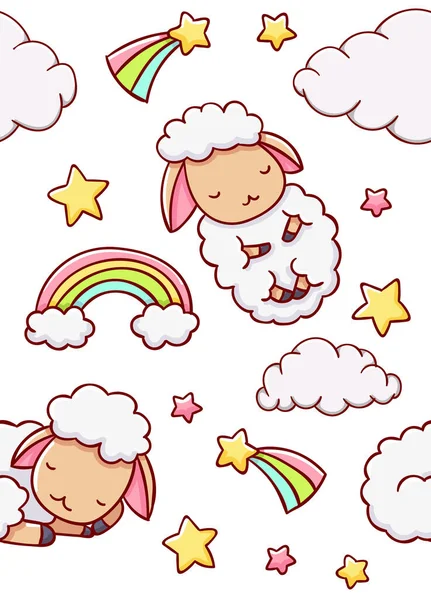 シームレスな子供のパターンかわいい羊の雲と星白い背景に描かれた手 — ストックベクタ