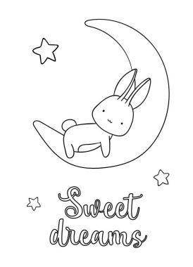 Boyama sayfaları, siyah beyaz el çizilmiş tavşan, ay ve yıldızlar karalama, tatlı rüyalar, yazdırma