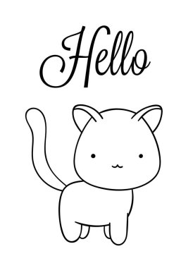 Boyama sayfaları, siyah beyaz el çizimi kedi karalaması, harfler merhaba, yazılar