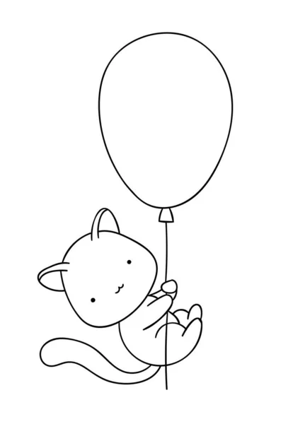 Страницы Раскраски Черно Белый Милый Ручной Рисунок Кота Воздушным Шаром — стоковый вектор