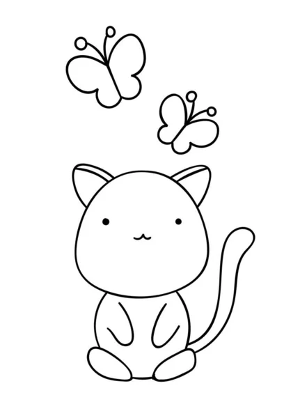 Χρωματισμός Σελίδες Μαύρο Και Άσπρο Χαριτωμένο Χέρι Ζωγραφισμένα Γάτα Πεταλούδα — Διανυσματικό Αρχείο