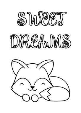 Boyama sayfaları, siyah beyaz el çizilmiş tilki karalamaları, tatlı rüyalar, baskılar.