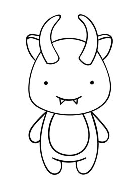 Boyama sayfaları, siyah beyaz el çizilmiş boynuzlu canavar, baskı.