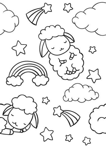 Modello senza soluzione di continuità, bianco e nero carino disegnato a mano nube di pecora e stella doodle, pagine da colorare — Vettoriale Stock