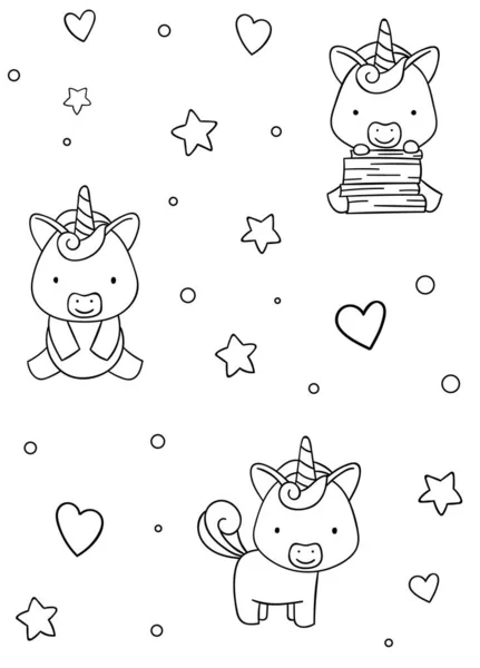 Motif sans couture, noir et blanc mignon dessiné à la main étoiles licorne et coeur doodle, pages à colorier — Image vectorielle