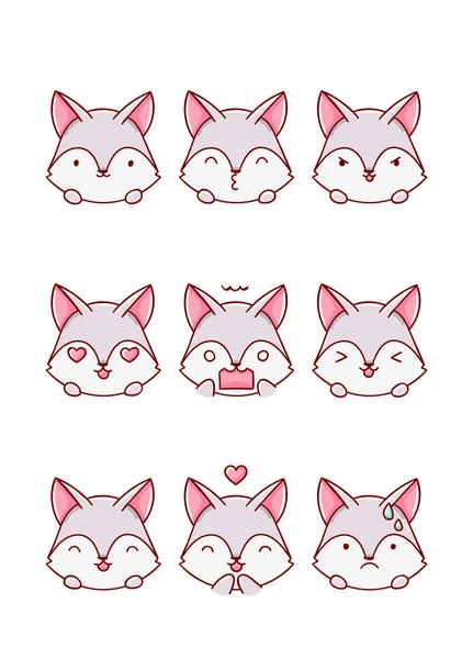 Cute Kawaii Hand Drawn Emotion Wolf Doodles Isolated White Background — Stock Vector