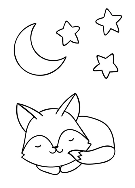 Coloriages Mignon Kawaii Noir Blanc Dessiné Main Loup Lune Étoiles — Image vectorielle