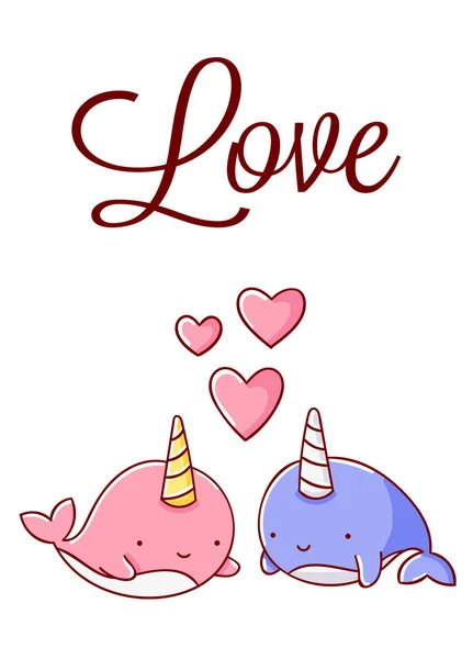 Mignon Kawaii Dessiné Main Deux Gribouillis Narval Lettrage Amour Isolé — Image vectorielle