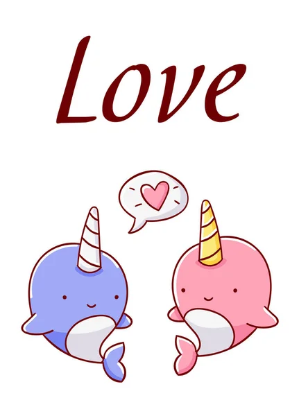 Χαριτωμένο Χέρι Kawaii Που Δύο Doodles Narwhal Γράμματα Αγάπη Απομονώνονται — Διανυσματικό Αρχείο