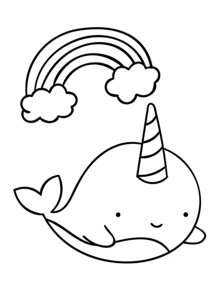 Coloring Pages Black White Cute Kawaii Hand Drawn Narwhal Rainbow — Stock Vector