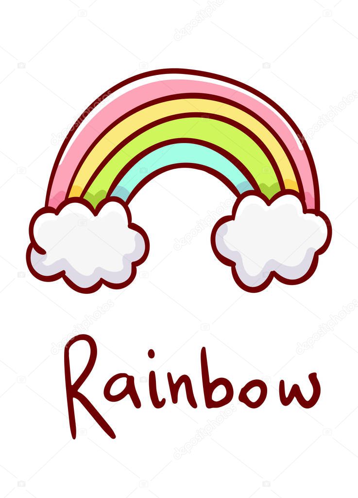 Cute kawaii hand drawn rainbow doodles, lettering rainbow, isolated on white background, print