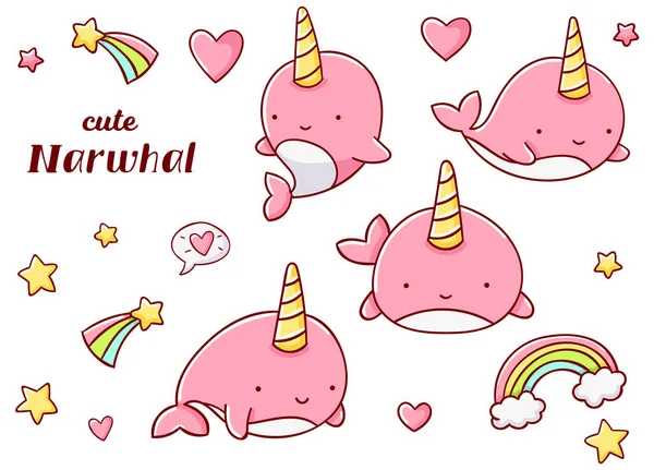 Şirin kawai el çizimi pembe deniz gergedanı karalamalarını ayarlayın, beyaz arka planda izole edilmiş, clipart, print