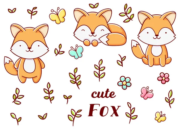 Set Cute Kawaii Hand Drawn Fox Doodles Isolated White Background — Stock Vector