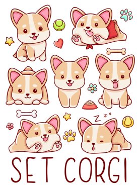 Şirin kawaii el çizimi Corgi köpek karalamalarını ayarlayın, beyaz arka planda izole edilmiş, clipart,