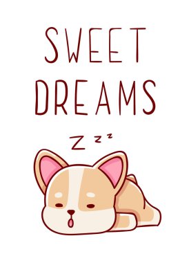 Şirin kawaii el çizimi Corgi köpek karalamaları, tatlı rüyalar, beyaz arka planda izole edilmiş,