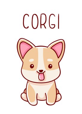 Şirin kawaii el çizimi Corgi köpek karalamaları, harf Corgi, beyaz arka planda izole edilmiş, parmak izi