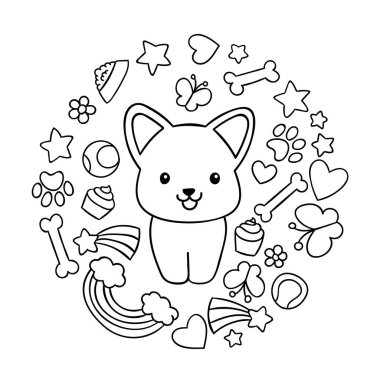 Boyama sayfaları, siyah beyaz kawaii el çizimi corgi köpek karalamaları, daire baskısı, baskı