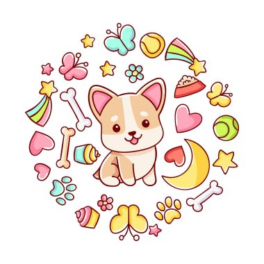 Şirin kawaii el çizimi Corgi köpek karalamaları, daire baskısı, beyaz arka planda izole edilmiş,