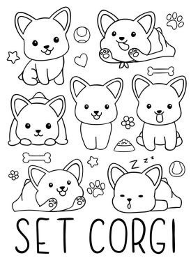 Boyama sayfaları, siyah ve beyaz, sevimli kawaii el çizimi Corgi köpek karalamaları, baskı