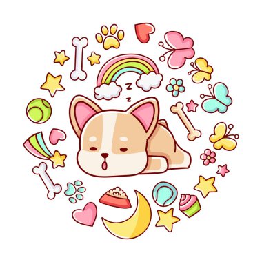 Şirin kawaii el çizimi Corgi köpek karalamaları, daire baskısı, beyaz arka planda izole edilmiş,