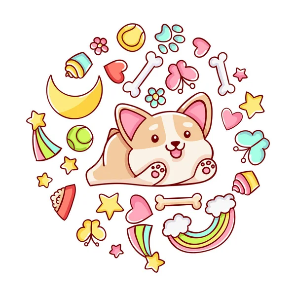 Cute Kawaii Hand Drawn Corgi Dog Doodles Circle Print Isolated — стоковый вектор