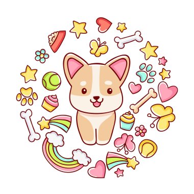 Şirin kawaii el çizimi Corgi köpek karalamaları, daire baskısı, beyaz arka planda izole edilmiş,