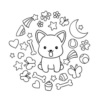 Boyama sayfaları, siyah beyaz kawaii el çizimi corgi köpek karalamaları, daire baskısı, baskı