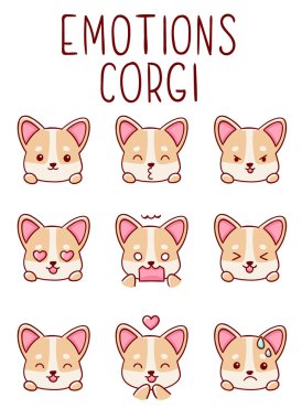 Şirin kawaii el çizimi duygu Corgi köpek karalamaları, beyaz arka planda izole, baskı