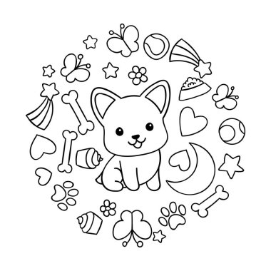 Boyama sayfaları, siyah beyaz kawaii el çizimi corgi köpek karalamaları, daire baskısı, baskı
